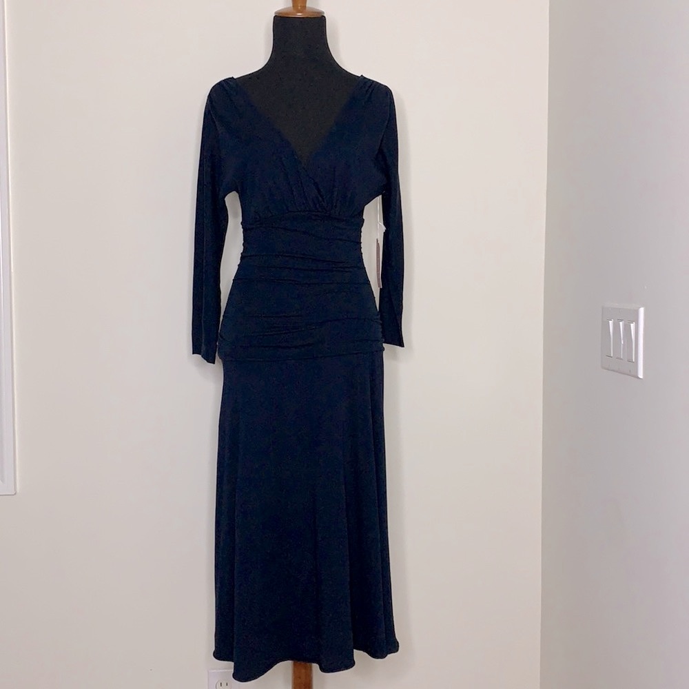 VELVET BY GRAHAM & SPENCER Navy Faux Wrap Ruched V-Neck Midi Dress S
